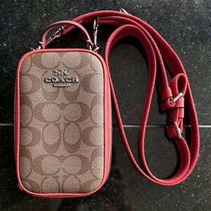 Coach Eva Phone Crossbody Bag Signature Canvas, Tan and Burnt Orange
